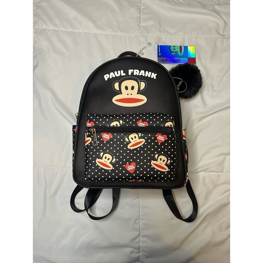 NWT Paul Frank Julius Monkey Mini Backpack Black Polka Dot Y2K Kidcore Pom Pom